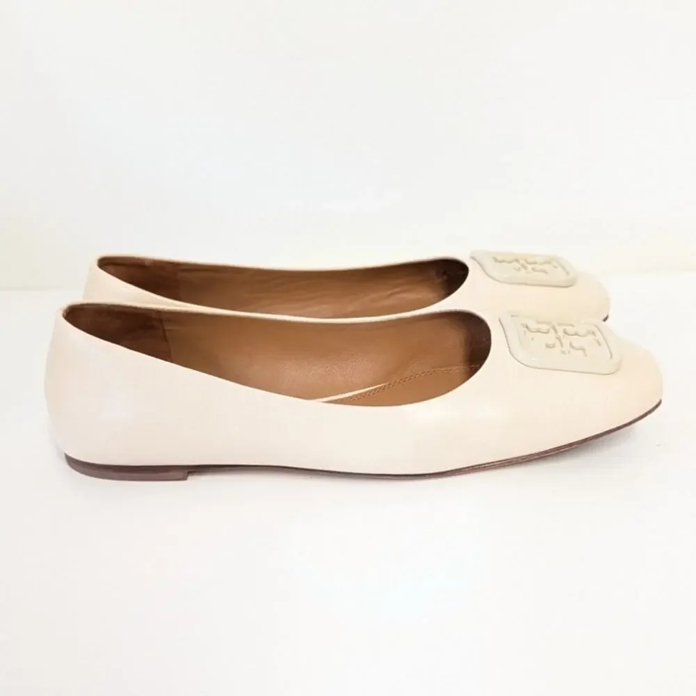 Tory Burch Georgia Ballet Flat Womens 9C Cream Leather Logo Square Toe
